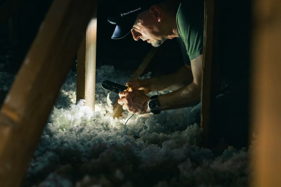 A person inspecting blown-in attic insulation by flashlight