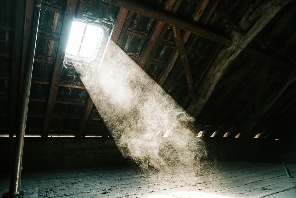 Dust hanging in a shaft of sunlight in an unfinished attic